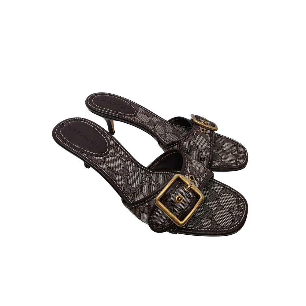 Coach Margot Slide Sandals Kitten Heel Size 7.5 Signature Jacquard Oak/Maple